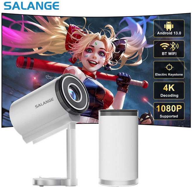 Salange 휴대용 빔프로젝터 280ANSI 4K 안드로이드 13 빔프로젝터 네이티브 720P 듀얼 와이파이 6 야외 프로젝터 에는 360도 스탠드가 함께 제공됩니다, 안드로이드 EU 플러그