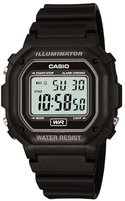 Casio F108WH 시리즈 남성용 디지털 시계 조명기 방수 LED 조명 일일 알람 1 100 SEC 스톱워치 3개의 바늘(HR 분 SEC) 날짜 요일 표시 7년 배터리
