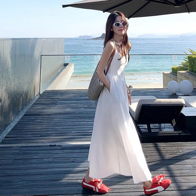 러우 여성 골지 플레어 끈나시 롱원피스 여리핏 여름 휴양지 바캉스 비치룩 임부복 원피스
