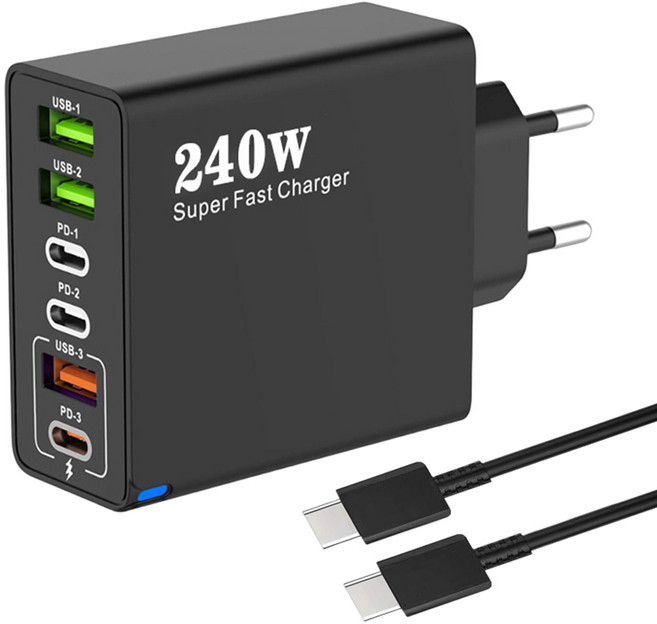 6in1 c타입 고속 충전기 240W 3USB+3PD3.0 + C TO C 1M 100w 케이블 세트, 1세트, 블랙