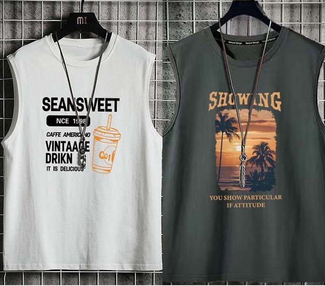 1+1 남성 여름 민소매 나시 티셔츠 캐주얼 라운드 스포츠 나시 상의 루즈핏 오버핏 나시 티셔츠 투피스 빅사이즈