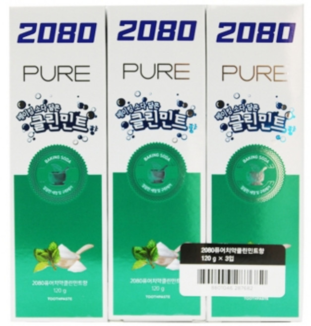 2080 퓨어치약 클린민트향, 120g, 3개
