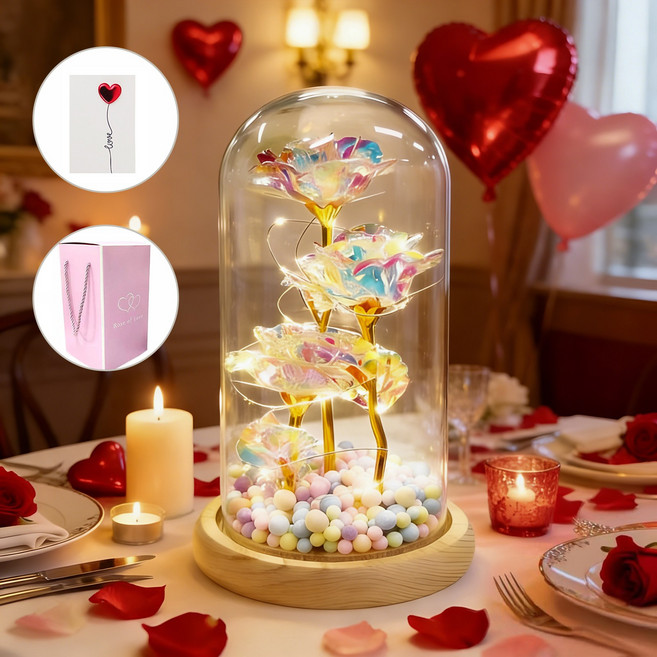 Novah 장미 유리돔 무드등 프로포즈 LED 홀로그램 어버이날 기념일 선물, 오로라 장미