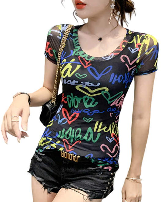 댄스복 상의 여성용 프린팅 티셔츠 반팔 여름 슬림 망사 스판 티셔츠 뉴타임즈 Women's T-shirt