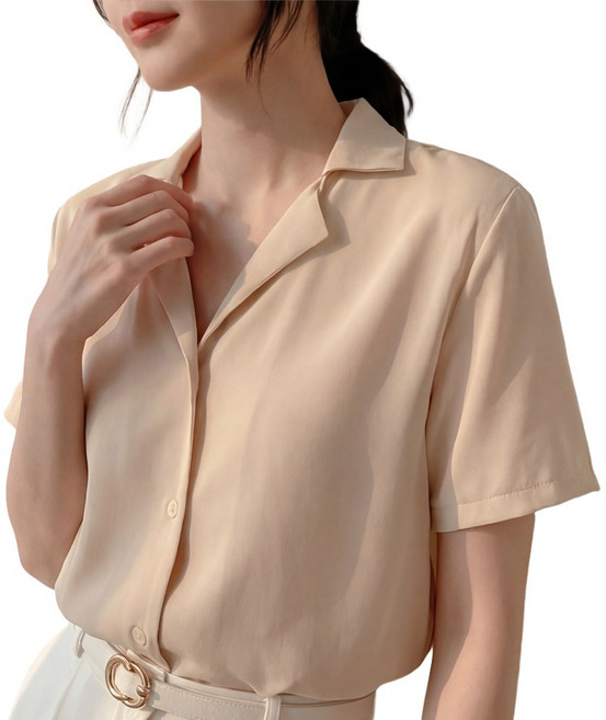 라뷰드 여성 기본 브이넥 반팔 셔츠 블라우스 봄가을 여름 데일리 오피스 정장 기본 심플 루즈핏 오버핏 카라넥 상의