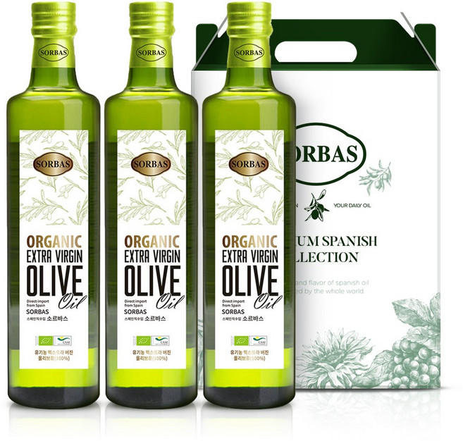 [선물포장] 소르바스 유기농 엑스트라버진 올리브유 오일선물세트 500ml, 3개