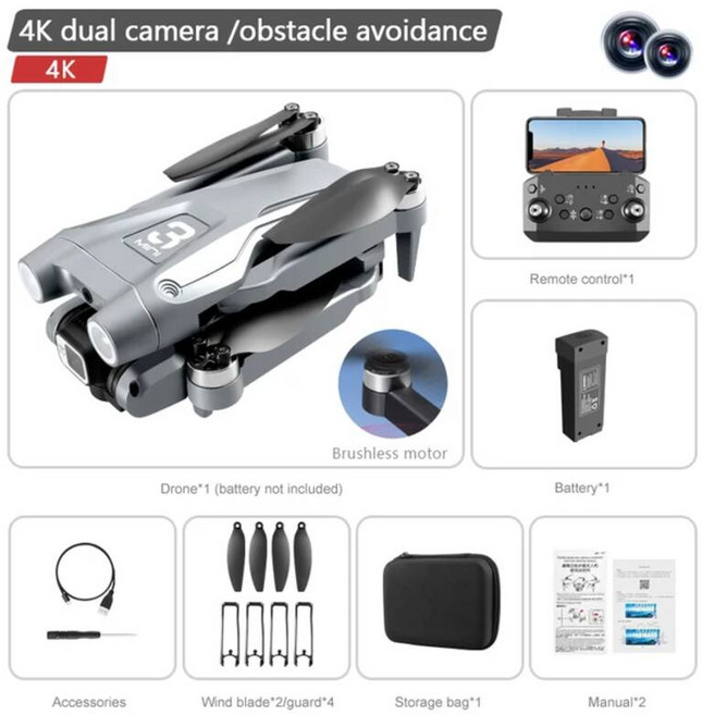입문용 농업용 드론 레노버 Z908 맥스 브러시리스 모터 8K GPS 전문 듀얼 HD 항공 사진 FPV 물 회피 쿼드로터 [호환], Grey Dual-4K-1B, 1개