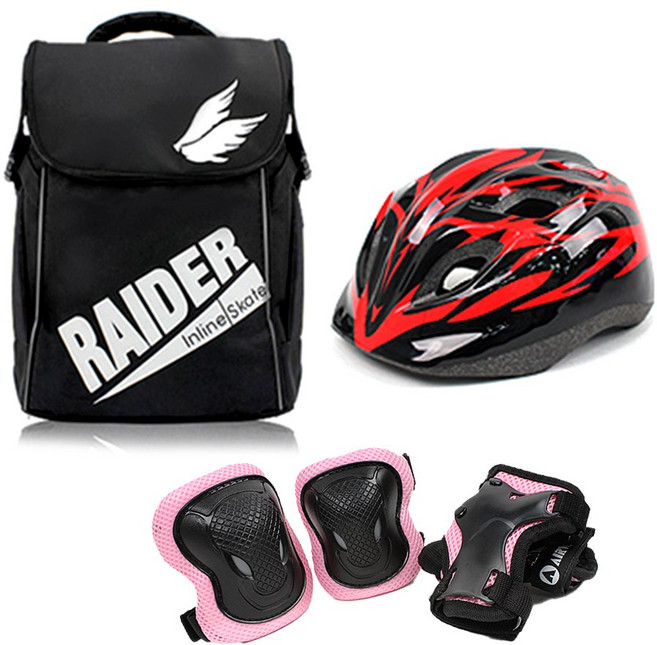 에어워크 마리 핑크 아동 인라인 스케이트 보호장비 세트 / 인라인 가방+헬멧+보호대, 헬멧_레드/가방_블랙:보호대_핑크_M, 1개