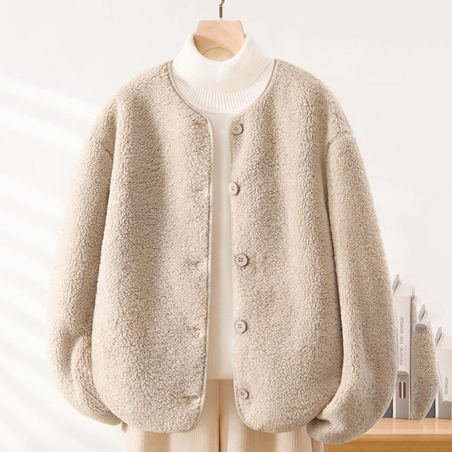 JIEVE 여성 가을 겨울 양털 후리스 자켓 여유로운 라운드넥 버튼 간편한 아우터 SX110699