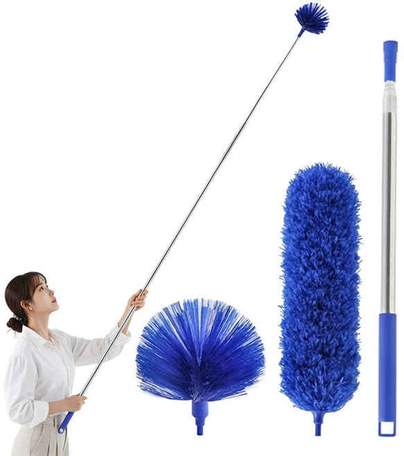 피플피 늘어나는 길이조절 장대 천장 브러쉬 거미줄 제거, 1세트, 블루