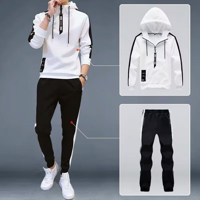 JUSTFEELING 반집업 후드 긴팔맨투맨 + 배색라인 캐주얼 운동바지 편한 농구 축구 스포츠 트레이닝복 상하 세트 투피스 남성