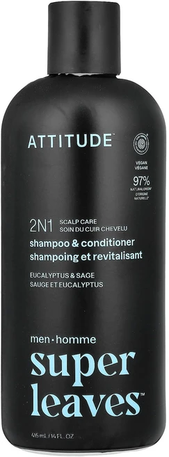 ATTITUDE Super Leaves™ 2in1 스칼프 케어 샴푸 & 컨디셔너 남성용 유칼립투스 & 세이지 415ml (14 fl oz) ATT-11712 - 쿠팡