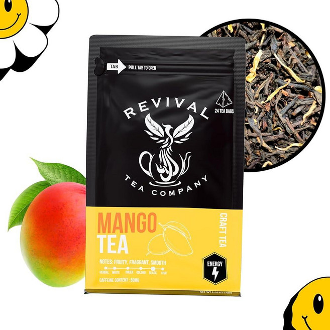 Revival Tea Company 얼 그레이 티 - 베르가못과 콘플라워 꽃잎이 함유된 홍차 블렌드 - 루즈 리프 170g(6온스), Tea Bags 24 Count, Mango