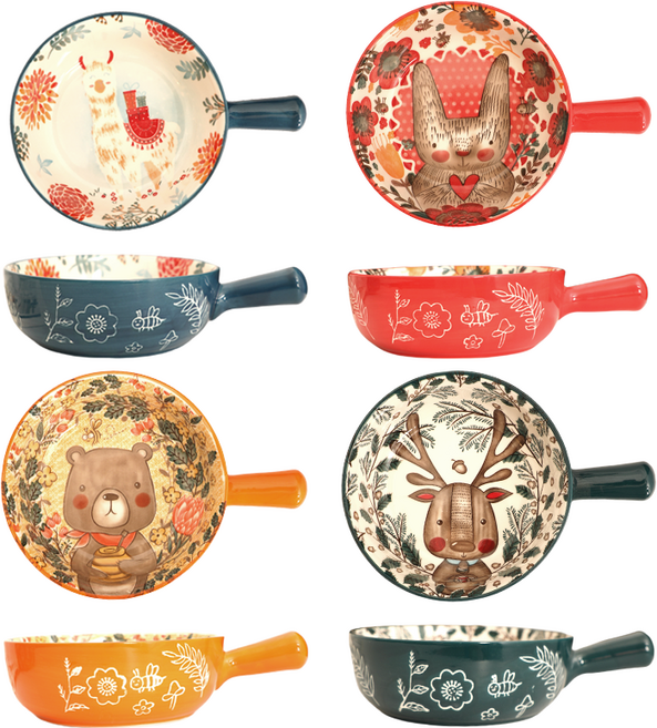 BLOWFISHFUGU 손잡이그릇4p홈식기 세트 캐릭터 손잡이 플레이팅 면기 세트, 4개, A+B+C+D