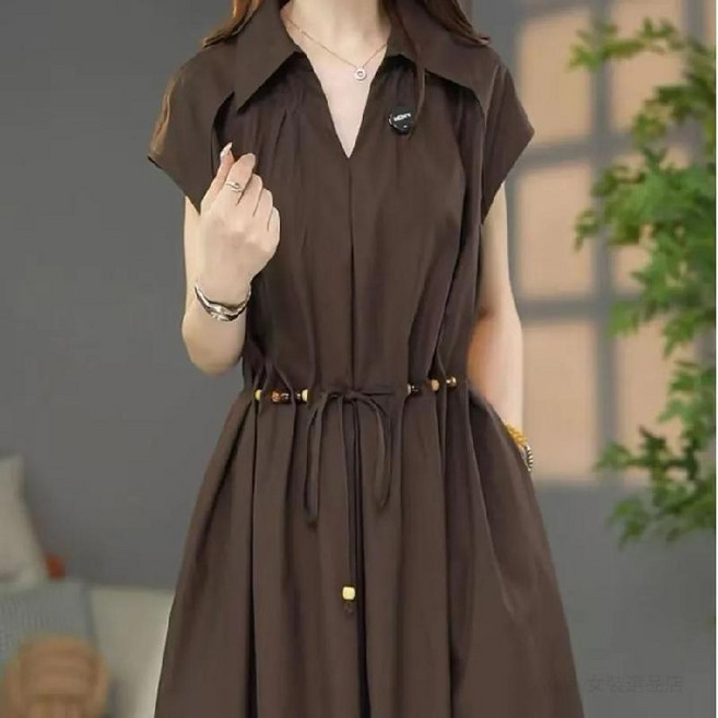 赫本風 夏季優雅襯衫連衣裙 收腰顯瘦設計感 米白色, 咖色,3XL 68.0-72.5公斤