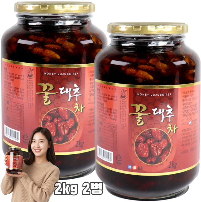 자연톡 대용량 꿀 대추차 국산 액상 차 대추청 카페용 업소용 대추 과일청, 1세트, 2개입, 2kg