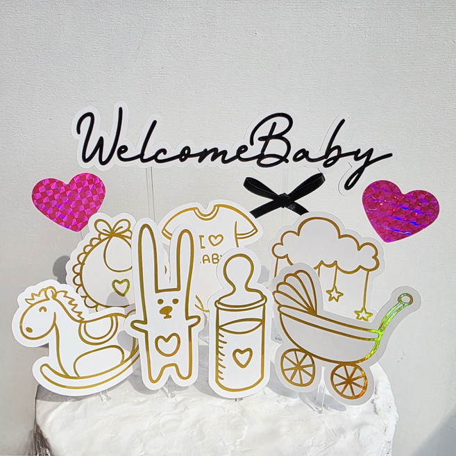 하이수수 웰컴베이비 베이비샤워 임신출산축하 아기성별공개 케이크 토퍼세트, 1세트, 토퍼, 샤이닝골드