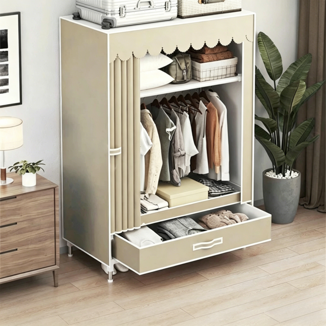 奶咖色組合衣櫥 租房抽屜式簡易衣櫃門簾衣櫃, 奶咖色送1抽屜