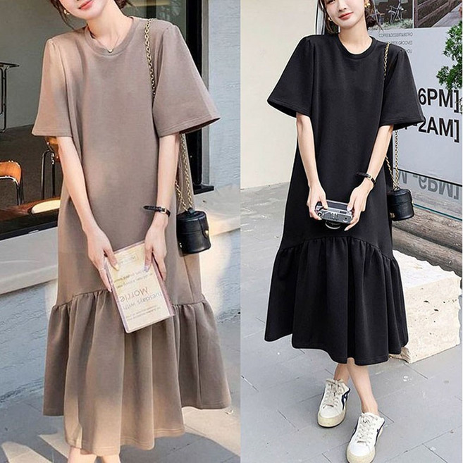 JUSTFEELING 패치 머메이드 스커트 날씬해보이는 반팔 티셔츠 원피스 데일리 순색 면원피스 100KG까지