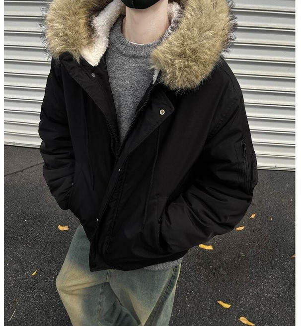 加厚連帽派克服棉服男款 冬季保暖大毛領寬松棉衣外套 短版運動棉大衣
