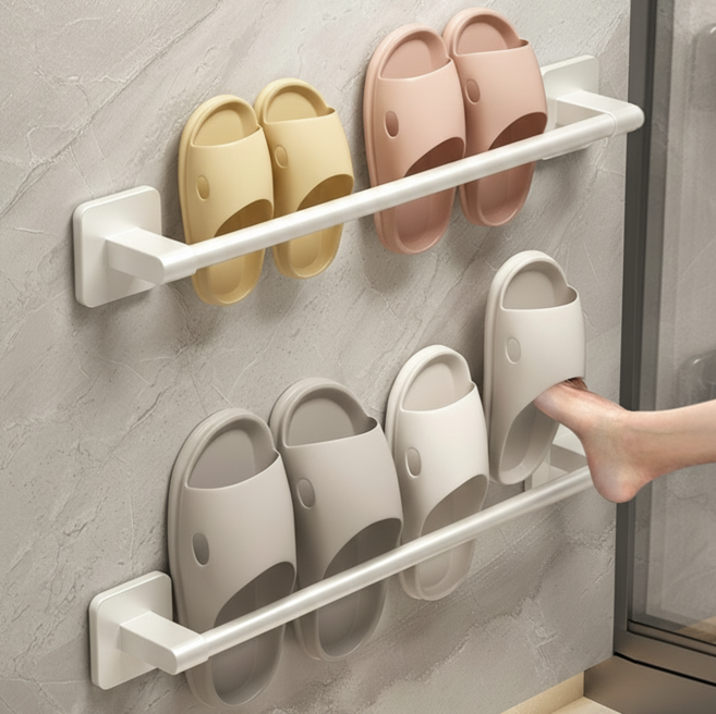 다용도 무타공 일자형 행거 욕실 문뒤 슬리퍼 수건 수납 걸이 거치대 2P 세트