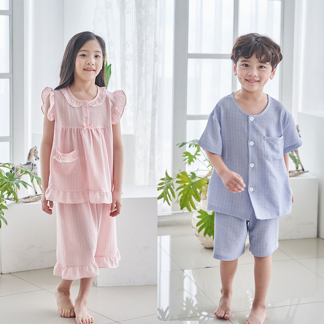 삼성섬유 홈웨어 남아 여아용 레이온 반팔 라운드 잠옷 상하의 세트
