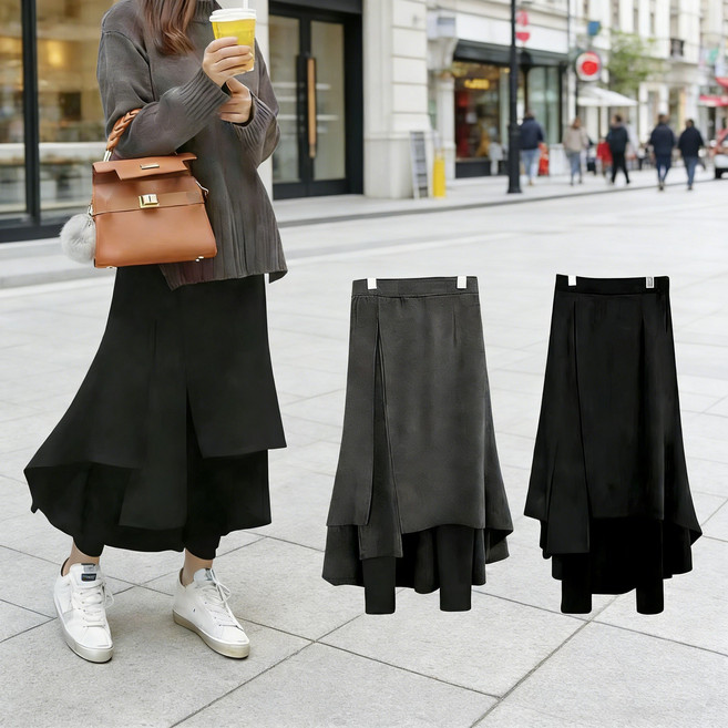 shiny藍格子素色腰鬆緊不規則假兩件褲裙 M~4XL