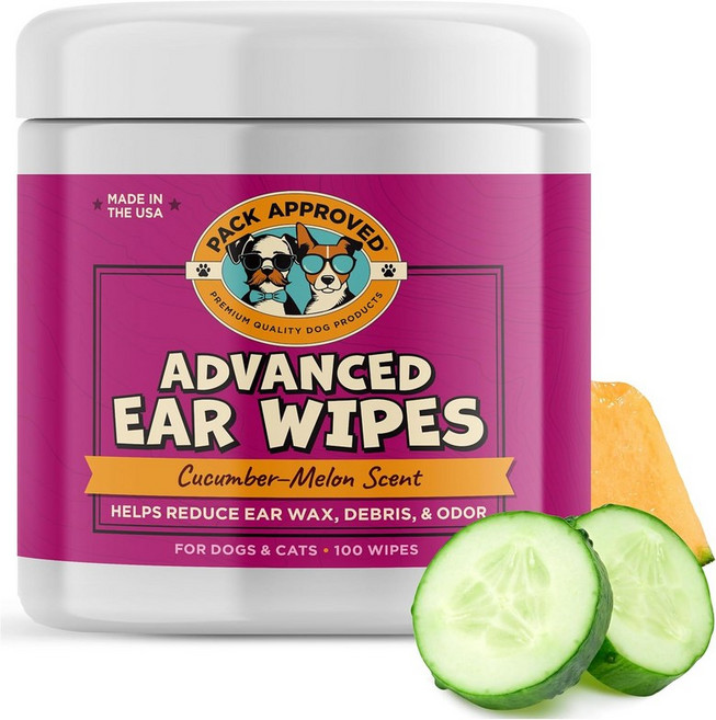Pack Approved Advanced Ear Wipes for Dogs and Cats 알로에 베라 - 부드럽고 자극 없는 귀 청소제로 고양이와 강아지용 귀지 제거 및 탈취, Regular Wipes