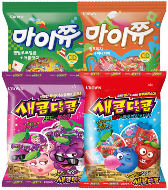 크라운 마이쮸 핑크리치&써니피치 284g+캔털루프멜론&애플망고 284g+새콤달콤 포도복숭아 200g+딸기블루베리소다 200g(총4개)