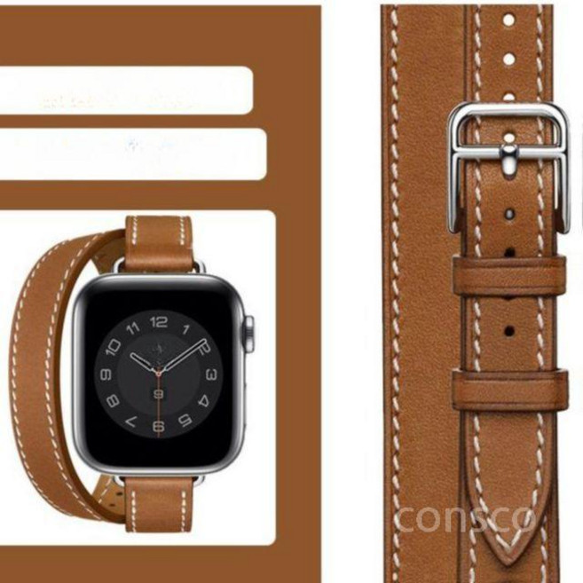 애플워치 스트랩 호환 더블 레더 시계줄 가죽 밴드, 7.40MM, 1. 브라운 슬림, 1개