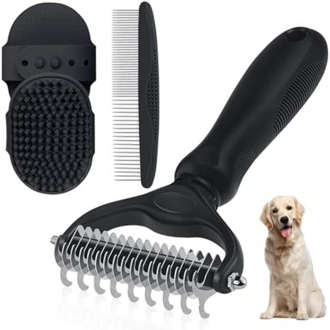 양면 반려동물 그루밍 갈퀴 - 4-in-1 전문가용 키트 반려견 고양이를 위한 디헤딩 디매팅 도구 길고 짧은 털을 가진 반려동물을 엑스트라 와이드 브러시 및 디헤더 빗4PCS 블랙, Black Kit 4PCS