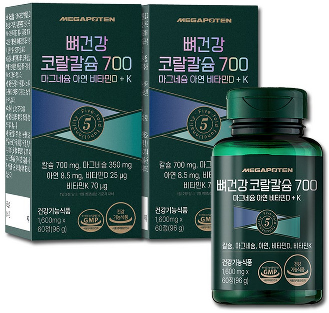 메가포텐 뼈건강 코랄칼슘 700 마그네슘 아연 비타민D + K / 고함량 칼마디, 60정, 2개