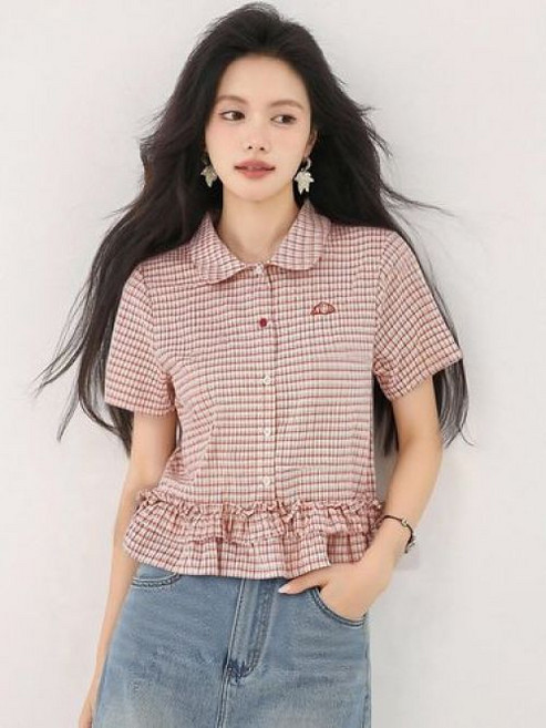 여성 여름블라우스 30 40대 레드 체크 둥근카라 프릴 러플 셔츠 블라우스 출근룩