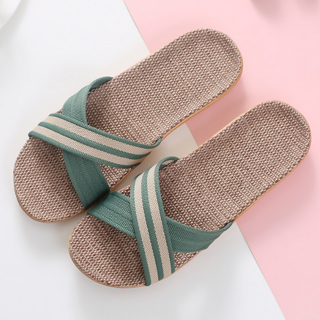 커플실내화 층간소음 라탄 린넨 두줄크로스 왕골슬리퍼 대나무 여름 실내 거실용 JUN팩토리, 그린, 1개