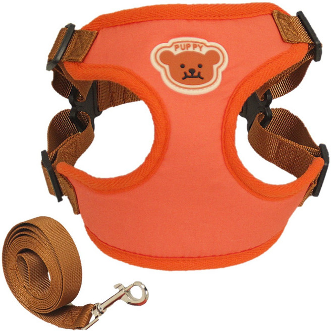 JONNEIC 조네익 강아지 원터치 하네스 고양이 애견 아웃도어 끈+리드줄 세트, 오렌지
