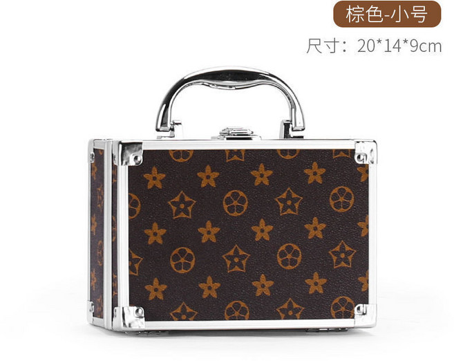 化妝箱 鋁合金收納箱 手提箱 儀器儀錶箱 玩具收納箱, 1個, 複古棕花 +補妝鏡+收納箱,大號 25.5*19.5*9.5cm