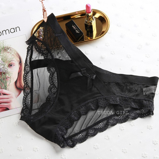 《杜達女孩》性感交叉網紗透膚蕾絲情趣內褲, 黑色