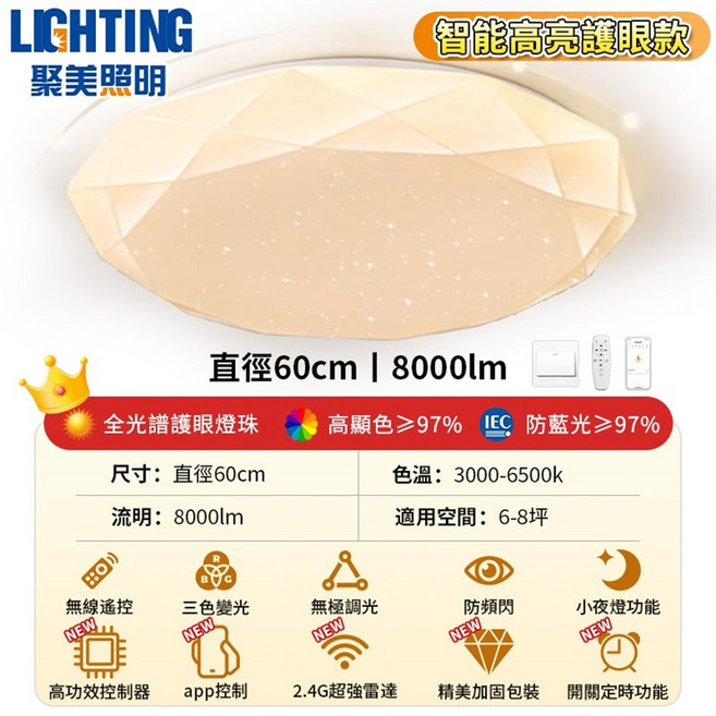 聚美照明 智能高亮護眼吸頂燈 直徑60cm 8000lm, 白色