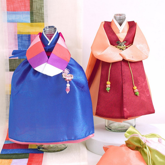 인테리어 오브제 와인커버 남녀 한복 미니어처 1+1, 도령+색동, 도령(주황)+색동(파랑)