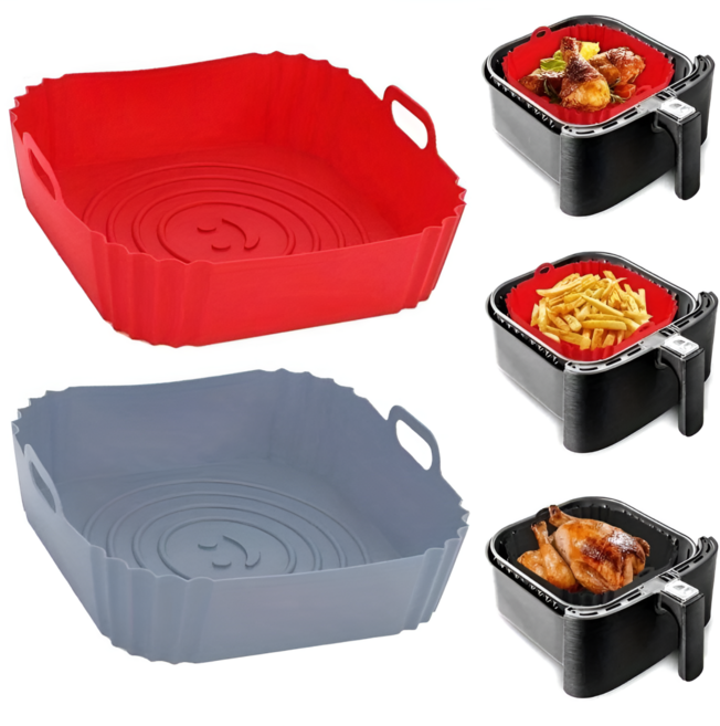 다용도 스마일 에어프라이어 실리콘 용기 사각 트레이, 1개, 레드