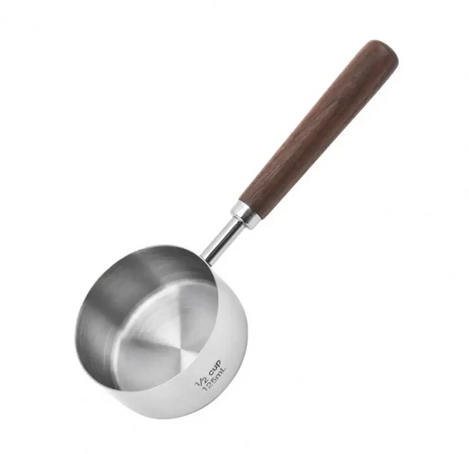 나무 손잡이 측정 스푼 스테인레스 스틸 컵 커피 콩 눈금 세트 베이킹 애완 동물 요리용, 01 빠른, 05 125ml