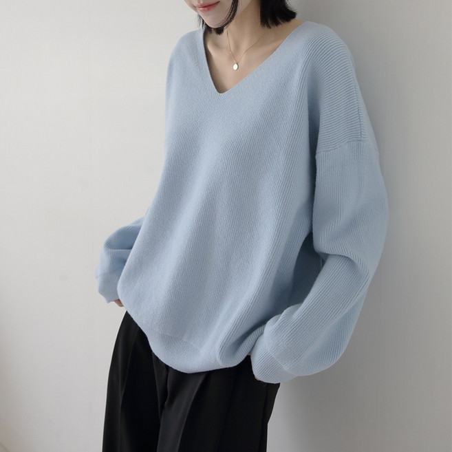 제니트 여성 체형커버 루즈핏 고급 부드러운 촉감 데일리 포인트 컬러 브이넥 니트