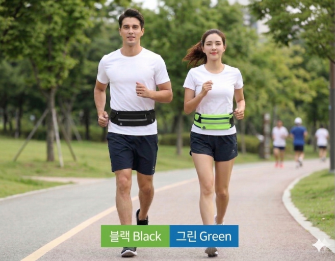 런닝벨트 물통 휴대폰 이어폰 케이스 수납 가능한 경량 러닝힙색, 3개, 블랙 + 그린