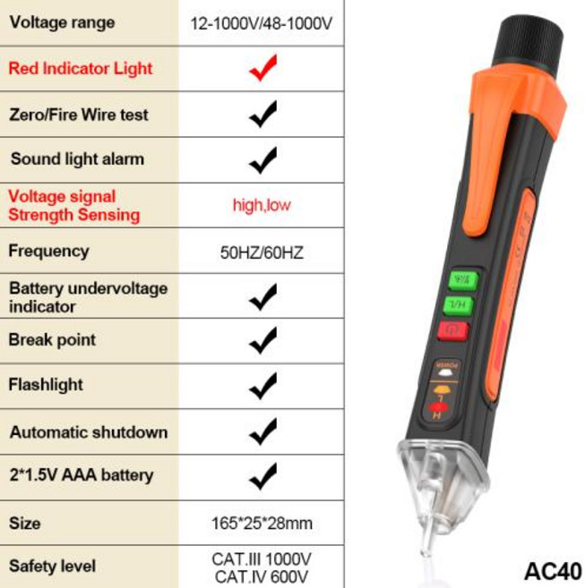 검전필 전압 감지기 스마트 비접촉 테스터 펜 미터 12-1000V 전류 전기 센서 테스트 연필 표시기 AC40, 1개