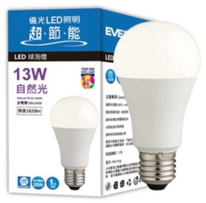 億光LED球泡燈 13W 黃光 節能省電 1365流明 全電壓, 暖白色, 1個