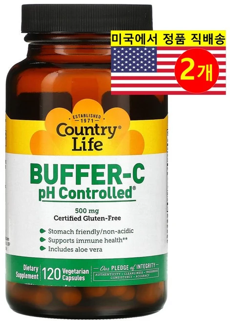 Country Life 컨트리 라이프 버퍼C PH 컨트롤 500mg 120 베지 캡슐 1+1 비타민C 칼슘 퀘르세틴 퀘르세틴 알로에베라 함유, 2개, 120정 - 쿠팡