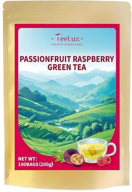 TeeLux 민트 녹차 티백 페퍼민트 스피아민트 및 레몬그라스가 함유된 녹차 카페인 100% 진짜 천연 100개, 100개입 (1팩), 패션프루트 라즈베리 녹차, 1개