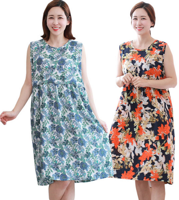 백합사 엄마옷 여성용 해솔 빅플 인견 나시 원피스 잠옷 2P