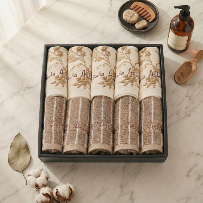 로라애슐리 60수 수건 선물세트 10장 뉴클래식 브라운 콤비(엘더우드 브라운5장+스트라이프 브라운5장) 돌잔치 답례품 신혼 집들이 선물 추천, 엘더우드 브라운+스트라이프 브라운, 10개