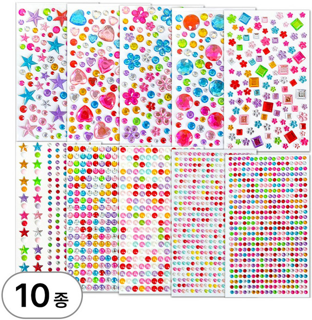 Simplearth 큐빅 반짝이 보석 스티커 10종, 1세트, 혼합색상 10종